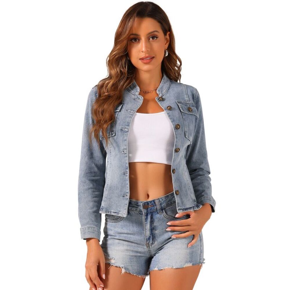 Casual Denim Jacket Classic Stand Collar Long Sleeve Jean Jacket Grey Blue